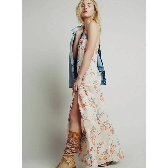 Free People Star Chaser Floral Low Back Flowy Maxi Slip Dress Peach Hibiscus S - Picture 4 of 16